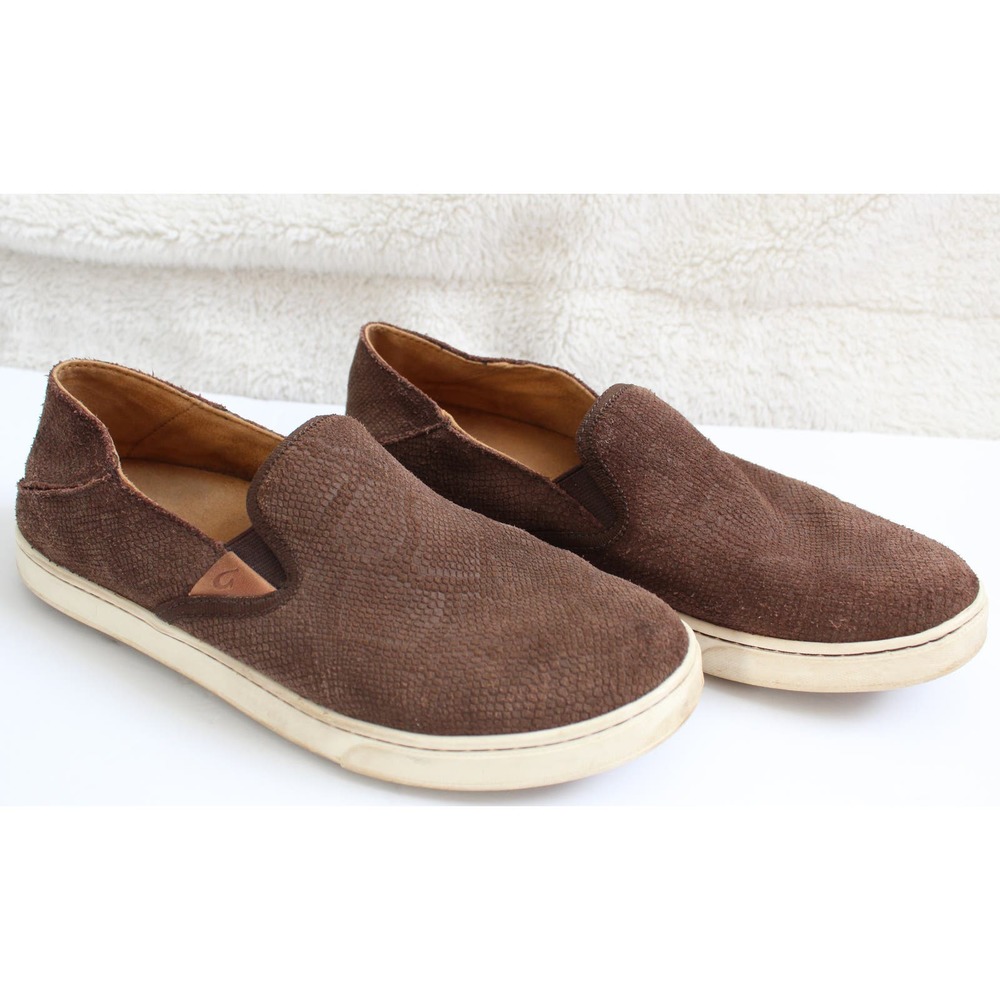 OluKai Pehuea Leather Slip On Sneaker in Brown Snake Print Pattern, Size W9
